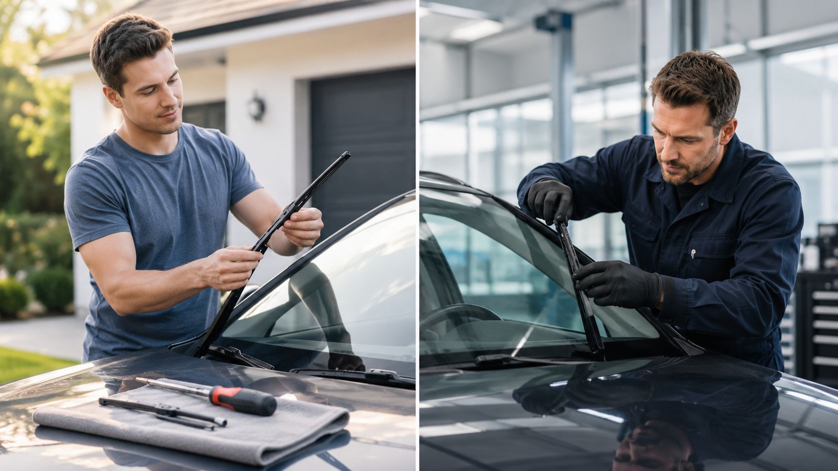Car Wiper Near Me: A Whitby Driver's Guide for 2026 3 A split-screen comparison showing a man replacing windshield wiper blades on his car at home and at a shop.