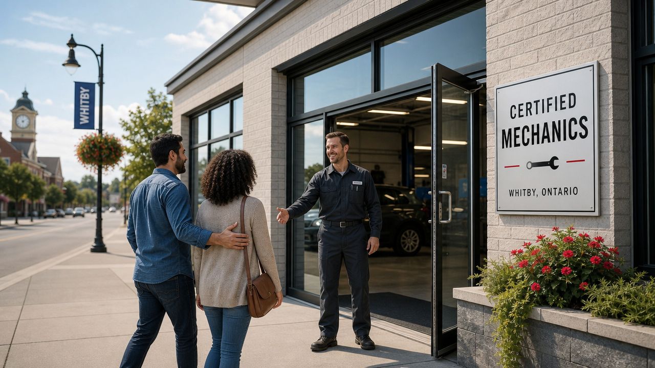 A friendly mechanic welcoming a couple at the entrance of an auto repair shop in Whitby, Ontario.