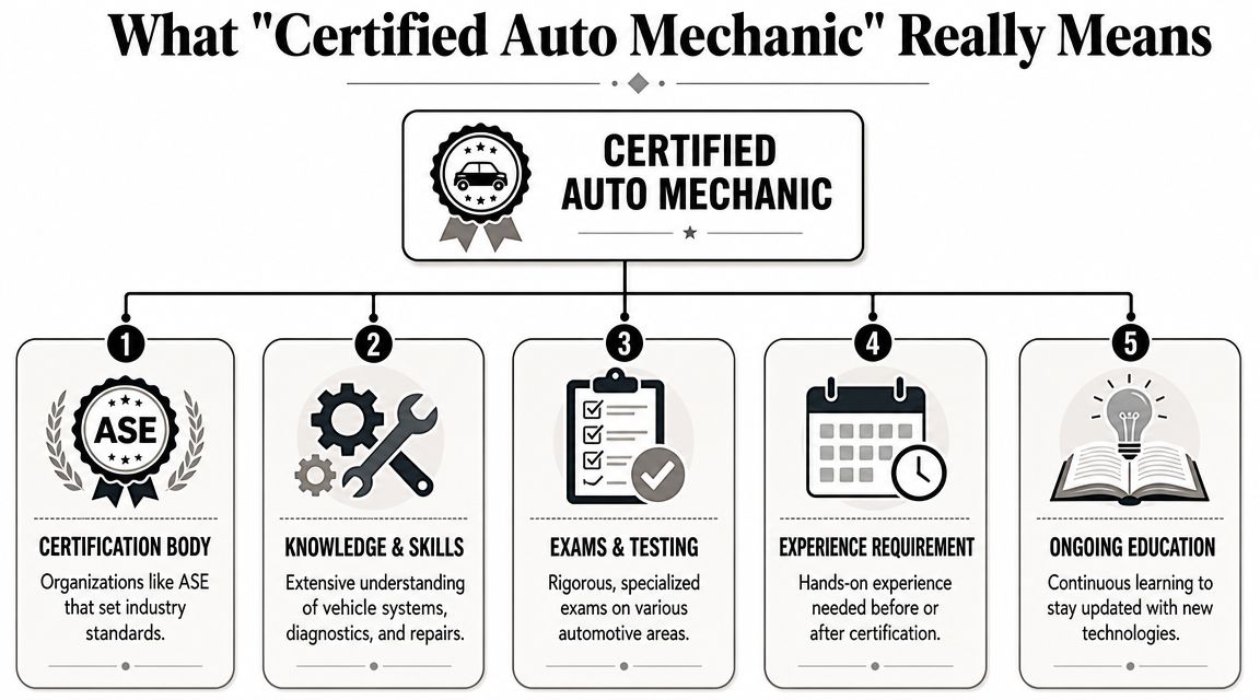 An infographic showing the five key components required to become a professional certified auto mechanic.