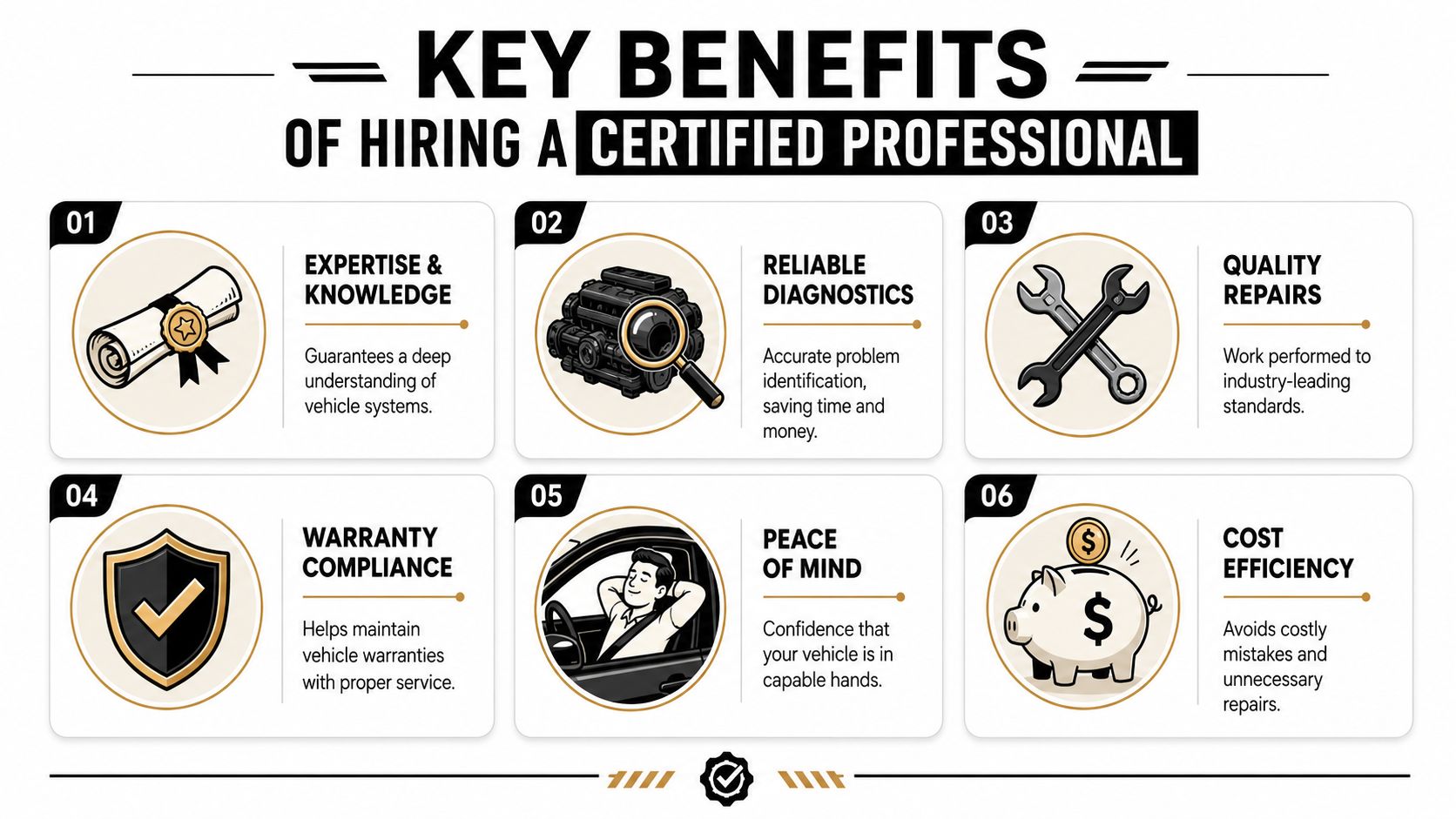 An infographic detailing six key benefits of hiring a certified professional mechanic for vehicle maintenance and repair services.