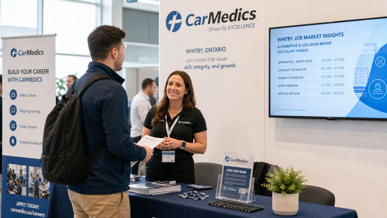 A professional recruiter discusses job opportunities at a CarMedics career fair booth for collision repair candidates.