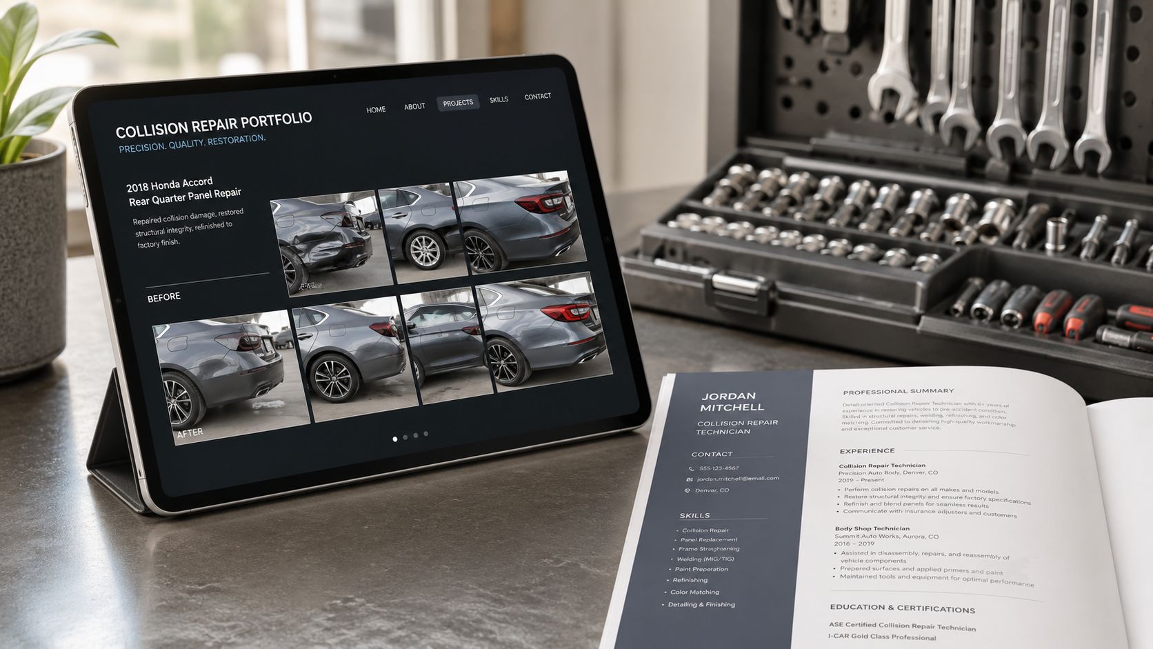 A tablet showing a collision repair portfolio next to a resume on a cluttered workshop table.