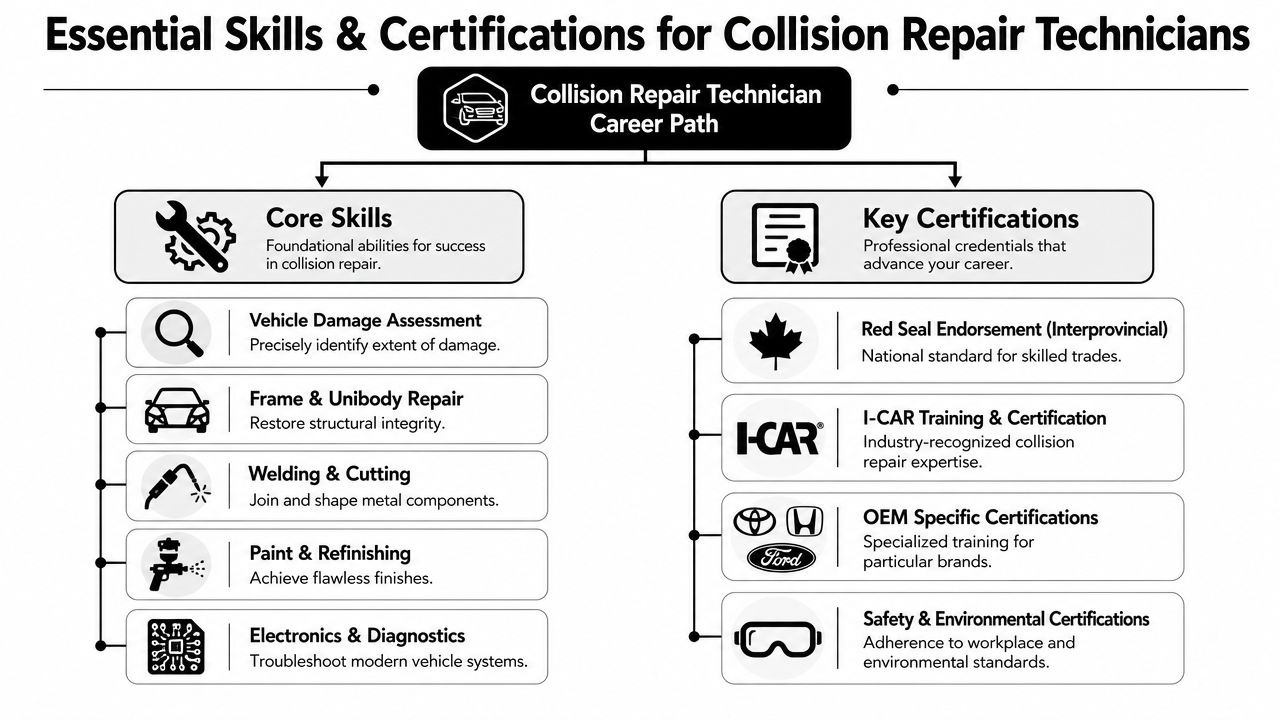 An infographic detailing essential skills and professional certifications required for a career as a collision repair technician.