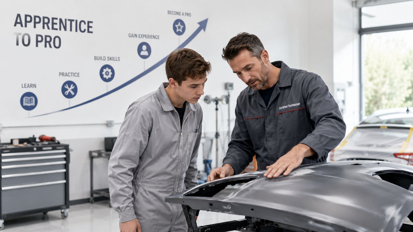 A professional technician guiding an apprentice in a modern body shop, working on a vehicle part.