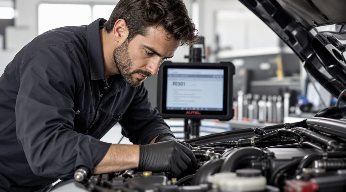 A professional mechanic in a workshop using a digital diagnostic tool to examine a car engine.