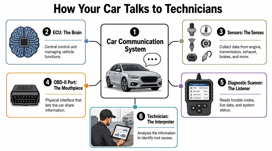 An infographic diagram illustrating the step-by-step process of how a car communicates diagnostic data to technicians.