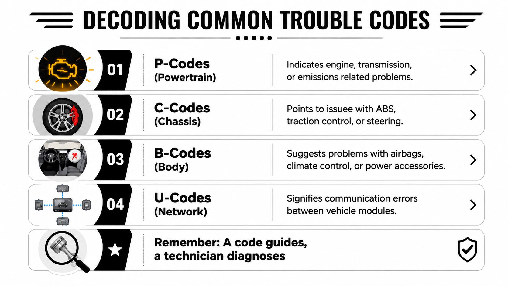 An infographic explaining car OBD trouble codes including powertrain, chassis, body, and network communication diagnostics.