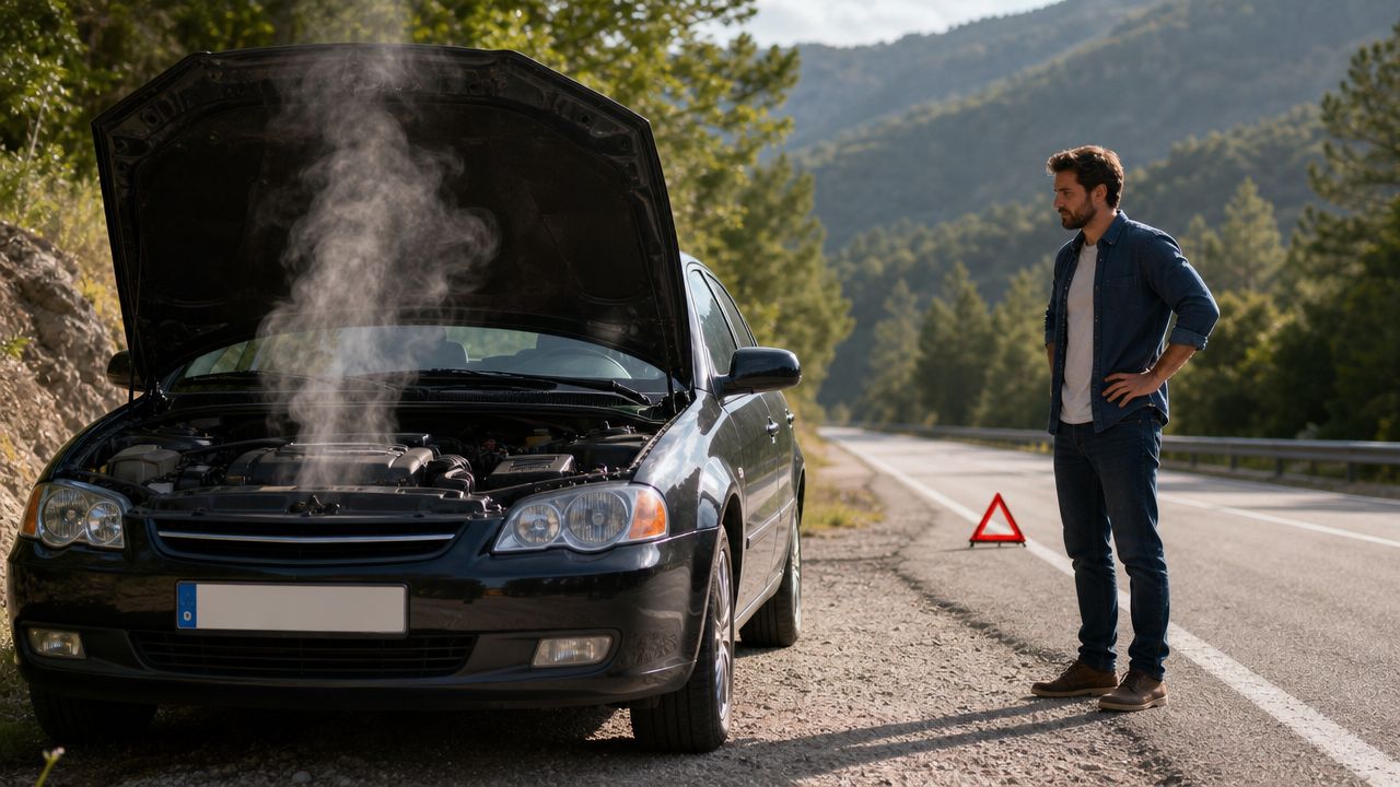 Common Engine Overheating Causes & How to Fix Them 3 A man stands by his broken-down car on the side of a road as smoke rises from the engine.