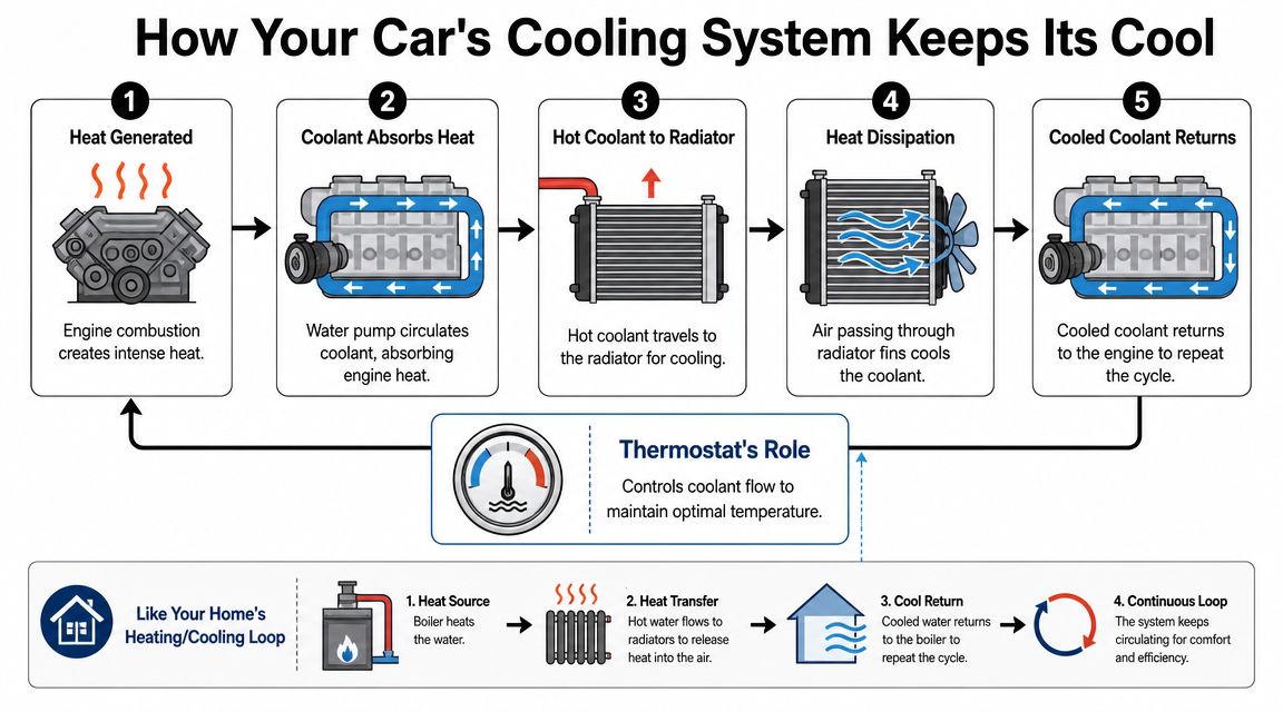 Common Engine Overheating Causes & How to Fix Them 1 A diagram illustrating the cooling system cycle of a car engine compared to a home heating loop.