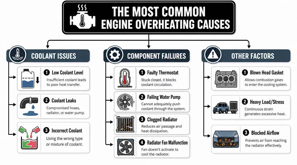 Common Engine Overheating Causes & How to Fix Them 2 An infographic illustrating the common causes of engine overheating, categorized into coolant issues, component failures, and external factors.