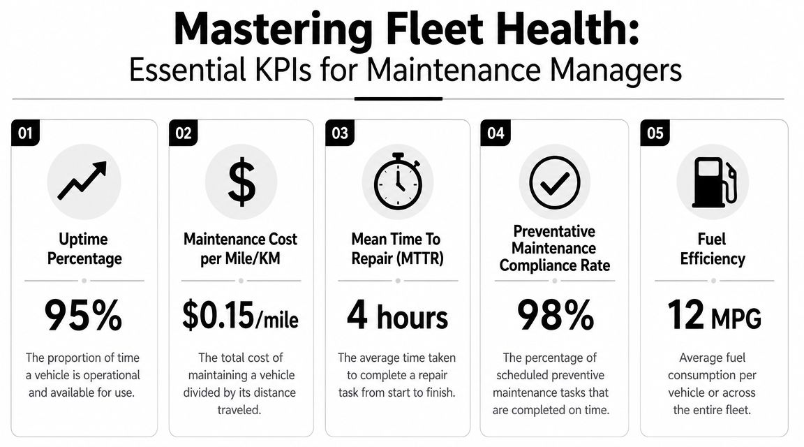 Fleet Maintenance Manager: A Complete 2026 Guide 2 An infographic detailing five essential fleet health KPIs for maintenance managers to track and improve performance.