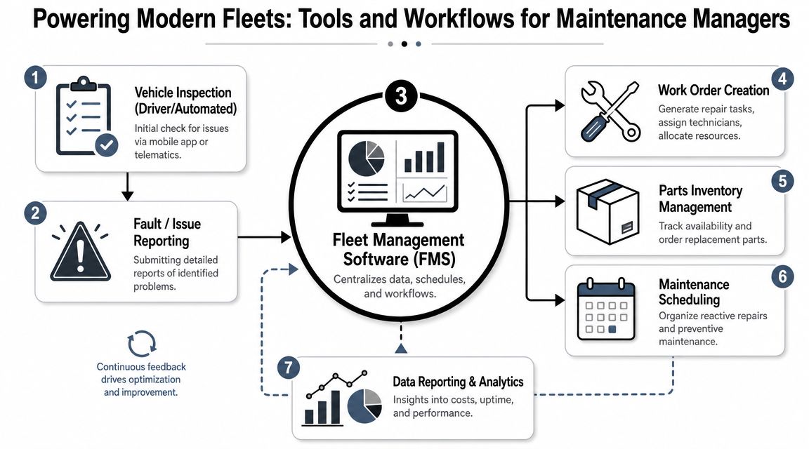Fleet Maintenance Manager: A Complete 2026 Guide 3 A diagram illustrating the workflow of modern fleet management software for maintenance managers and operations.