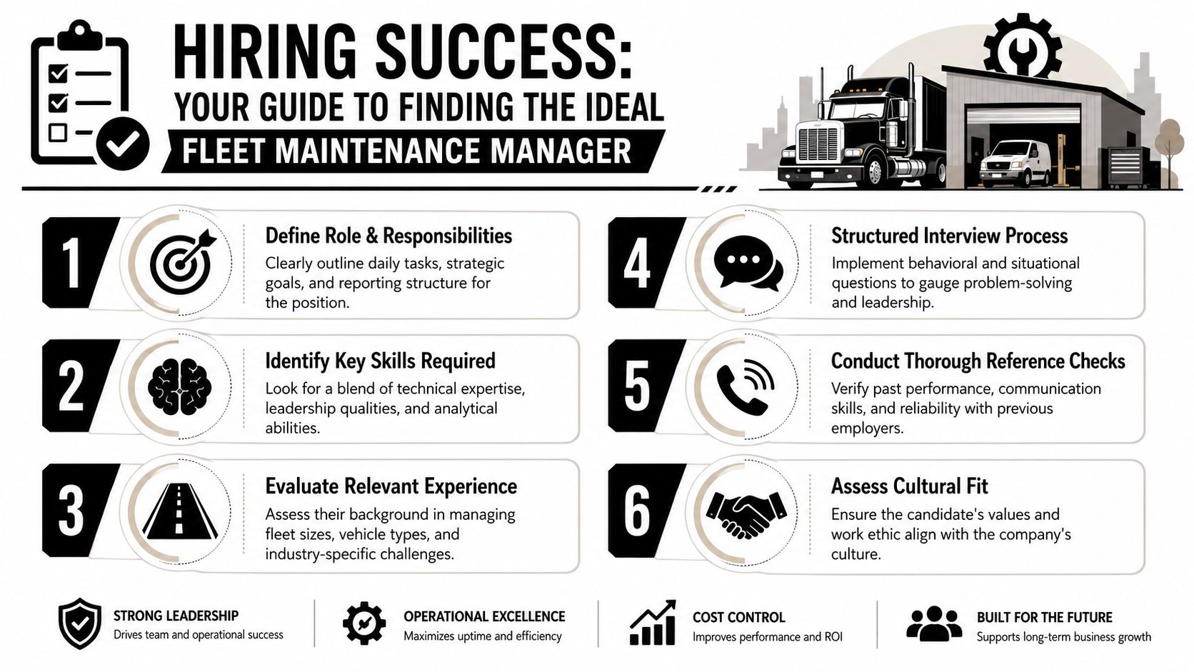 Fleet Maintenance Manager: A Complete 2026 Guide 4 A six-step guide for hiring a successful fleet maintenance manager illustrated with icons and professional tips.