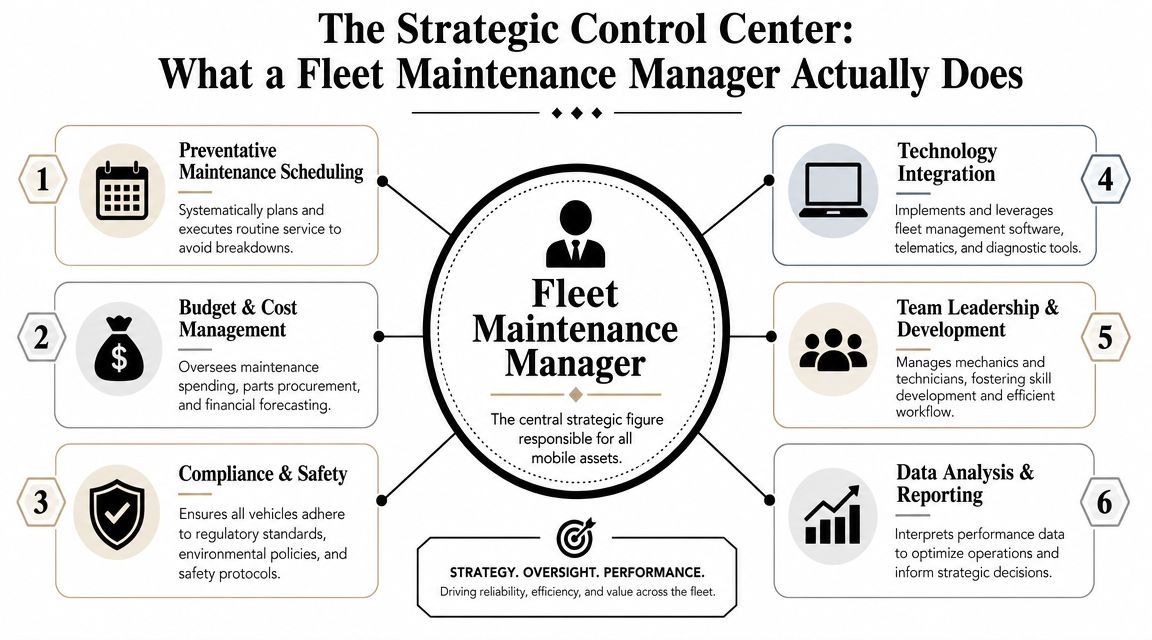 Fleet Maintenance Manager: A Complete 2026 Guide 1 An infographic detailing the core responsibilities of a fleet maintenance manager in a strategic role.
