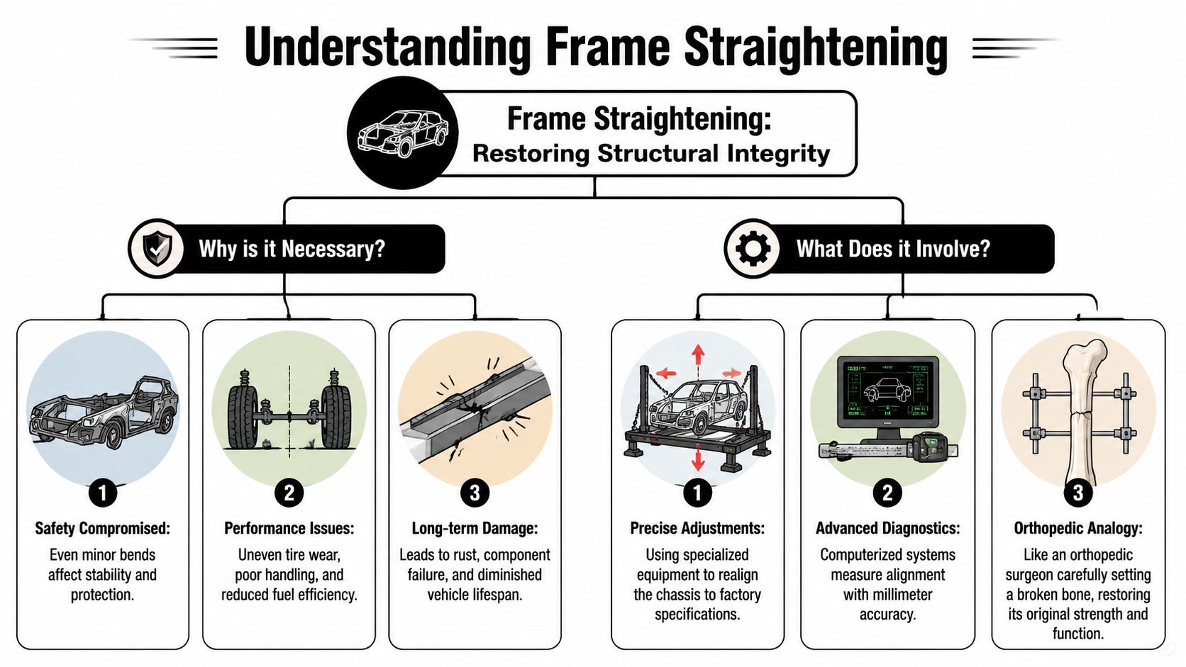An infographic titled Understanding Frame Straightening explaining why frame repair is necessary and the process involved.
