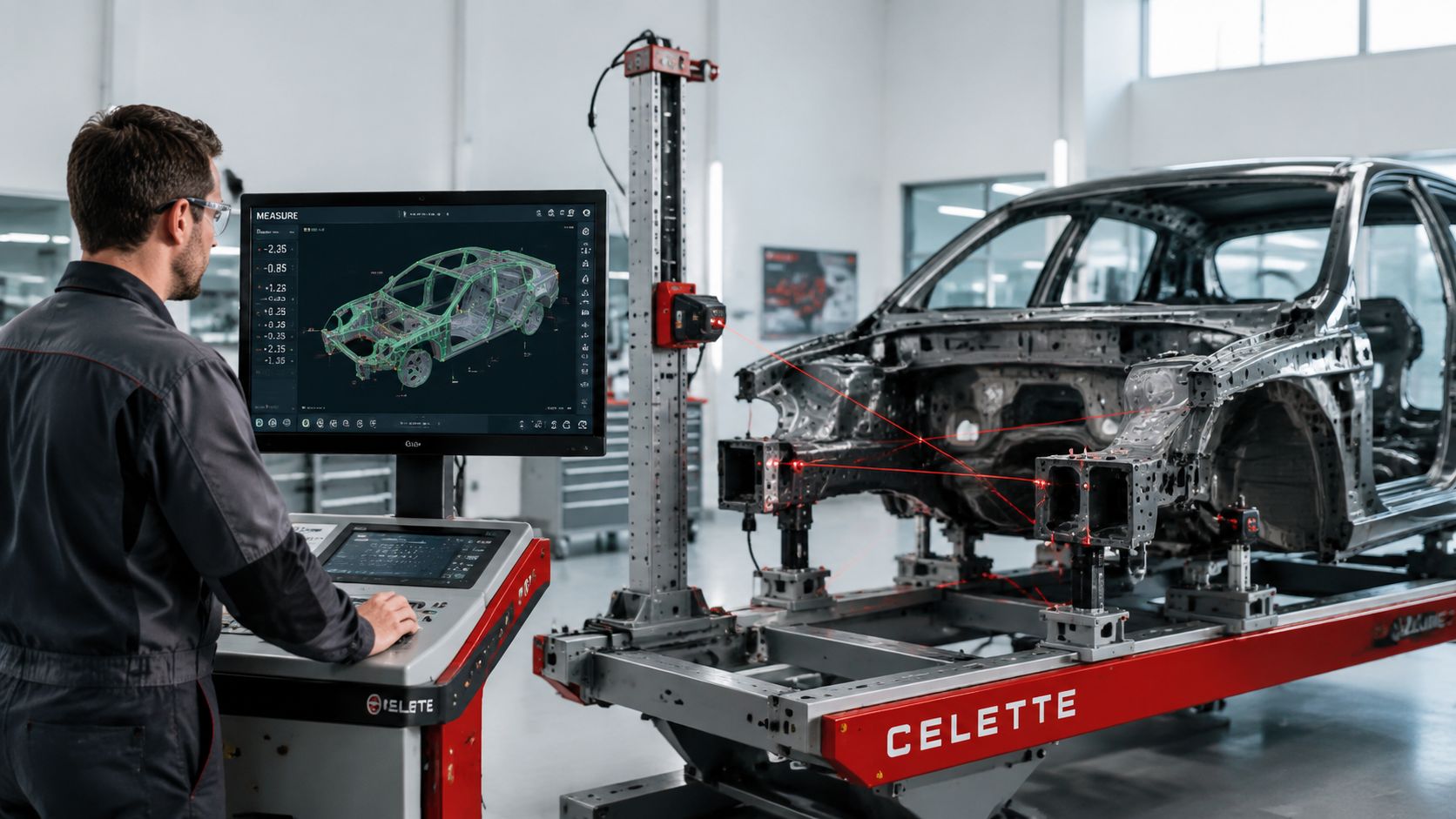 A technician uses computerized laser measuring equipment to analyze the chassis alignment of a car frame.