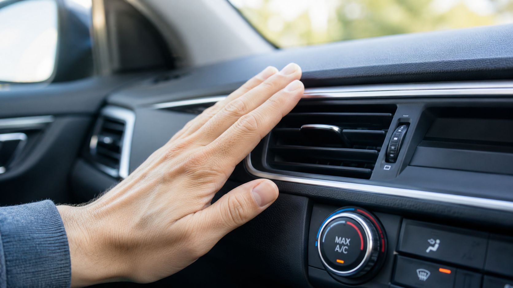 A person checking the airflow from a car air conditioning vent inside a vehicle cabin.