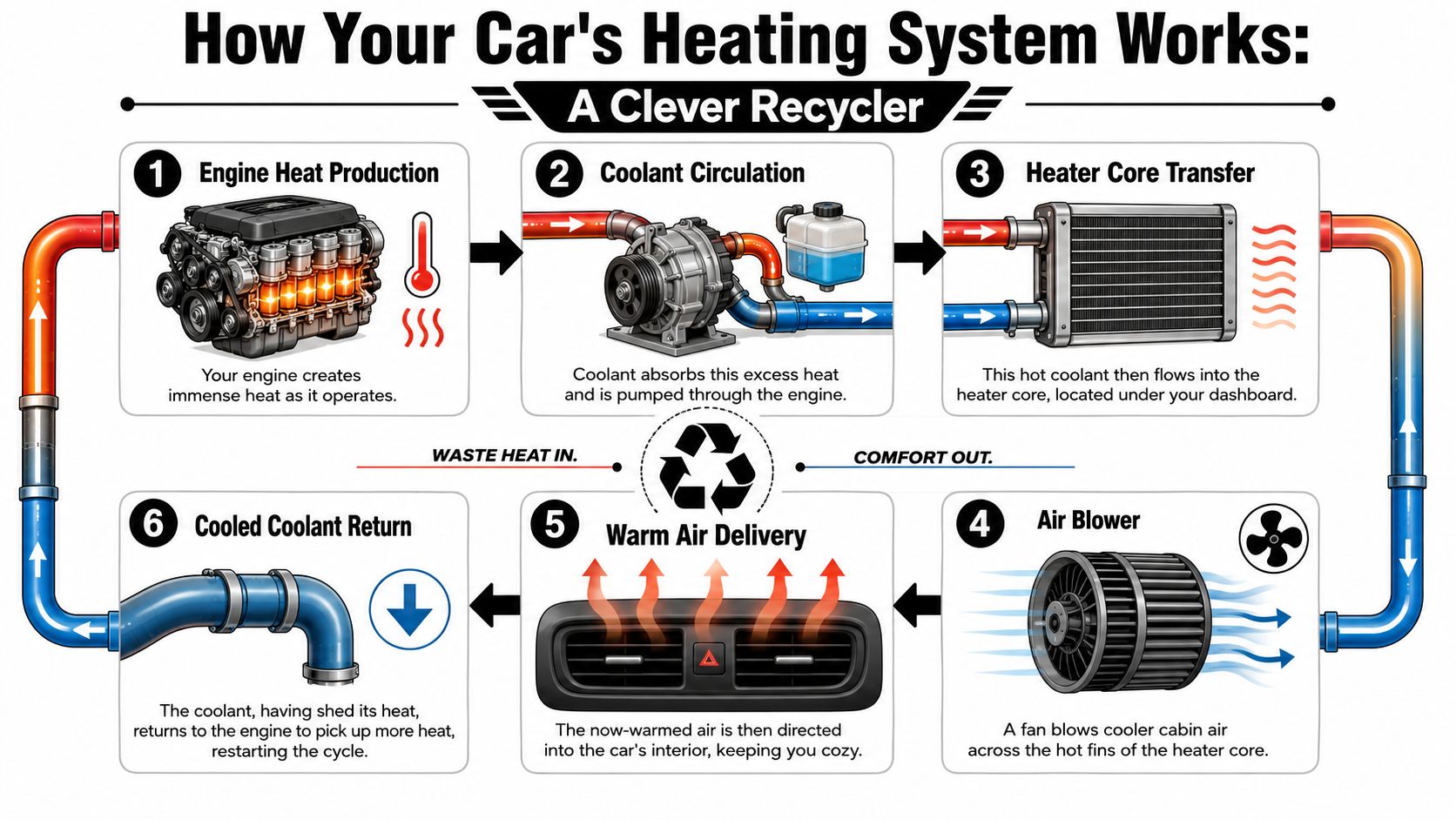 A diagram illustrating the six-step process of how a car's heating system recirculates engine heat.