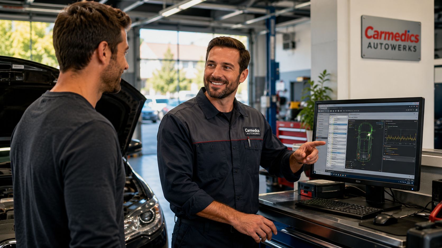 A professional mechanic explains vehicle diagnostic results on a computer monitor to a customer in a repair shop.
