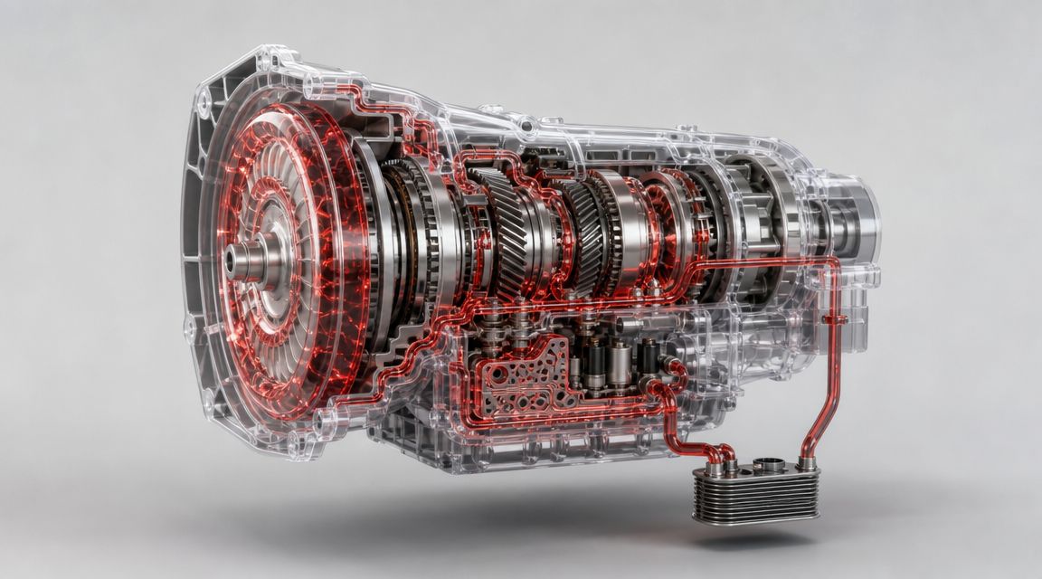 A transparent view of an automotive automatic transmission showing internal gears, fluid paths, and the cooling system.