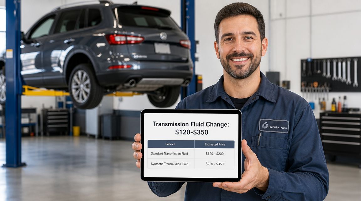 A professional mechanic holding a tablet showing the price range for a transmission fluid change service.