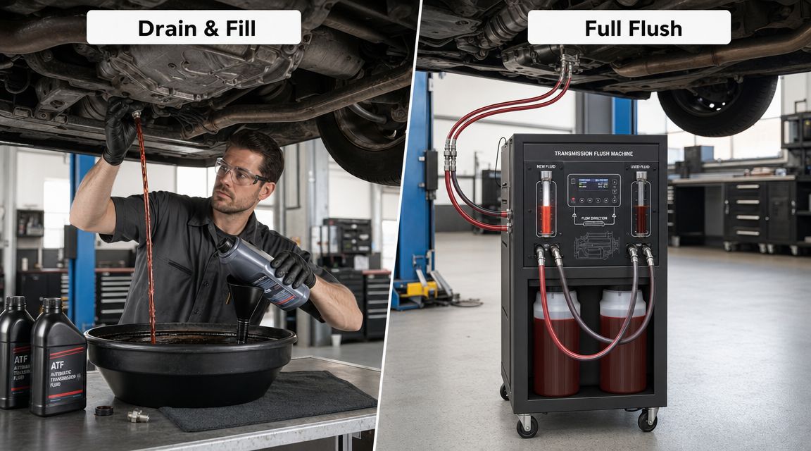 A split-screen comparison showing a technician performing a manual transmission drain and fill versus using a flush machine.