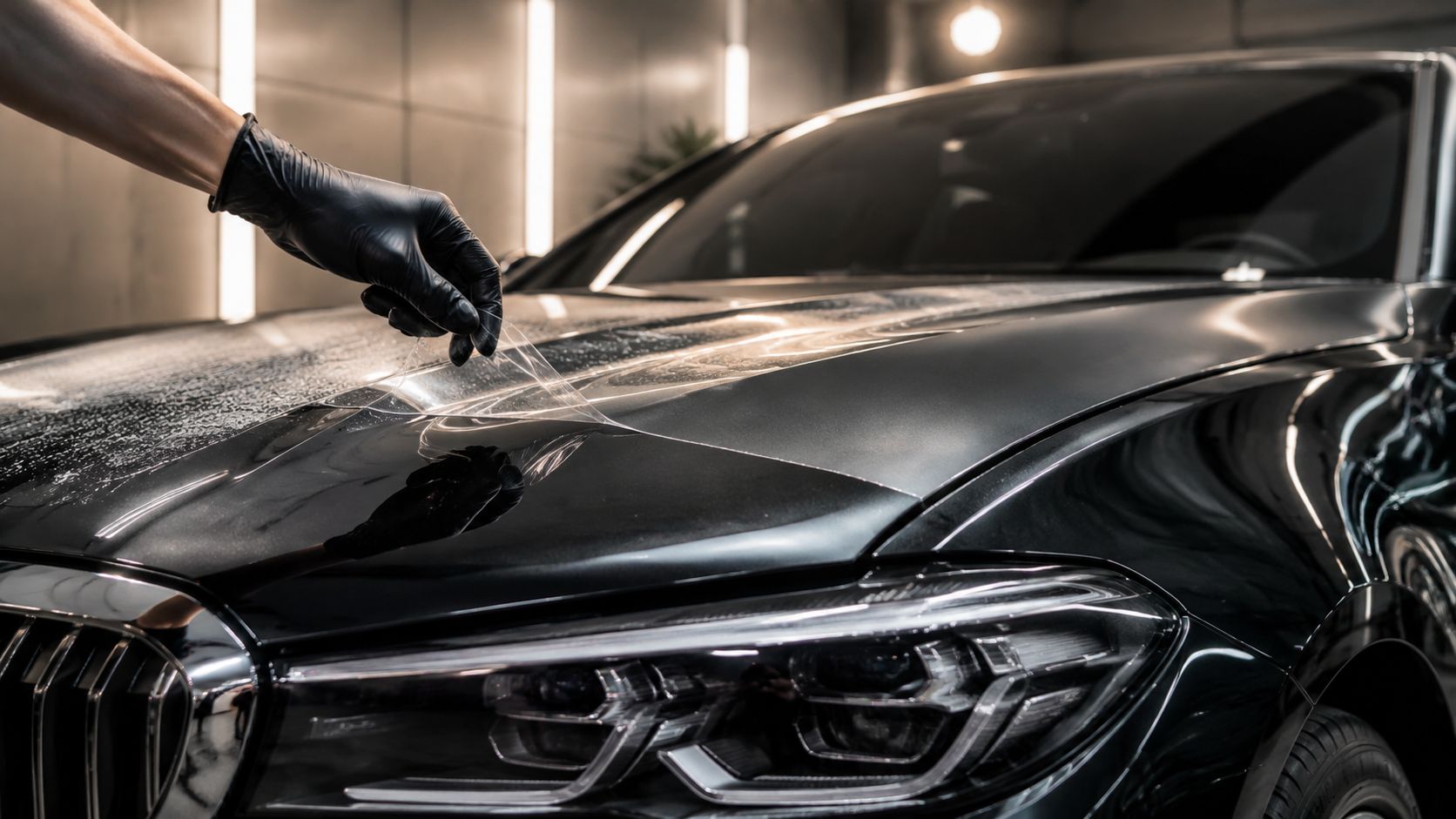 How Much Does PPF Cost? a 2026 Canadian Price Guide 4 A professional technician wearing black gloves applying paint protection film to the hood of a black car.