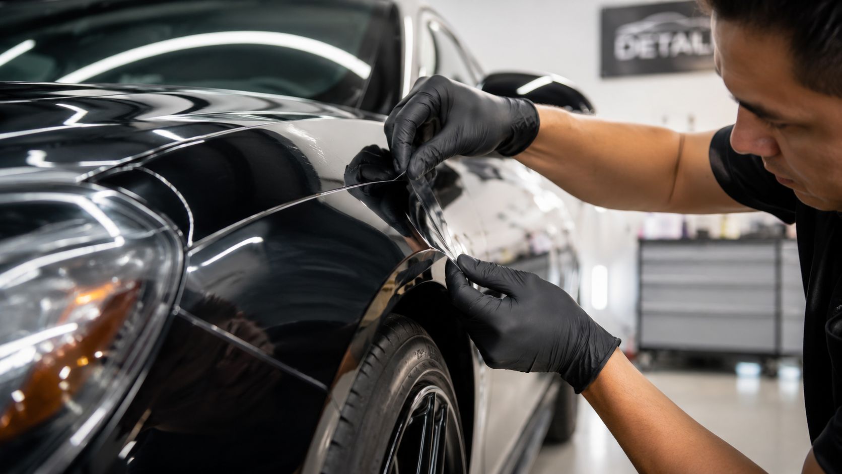 How Much Does PPF Cost? a 2026 Canadian Price Guide 3 A professional technician carefully applying protective paint film to a luxury black car in a detailing workshop.