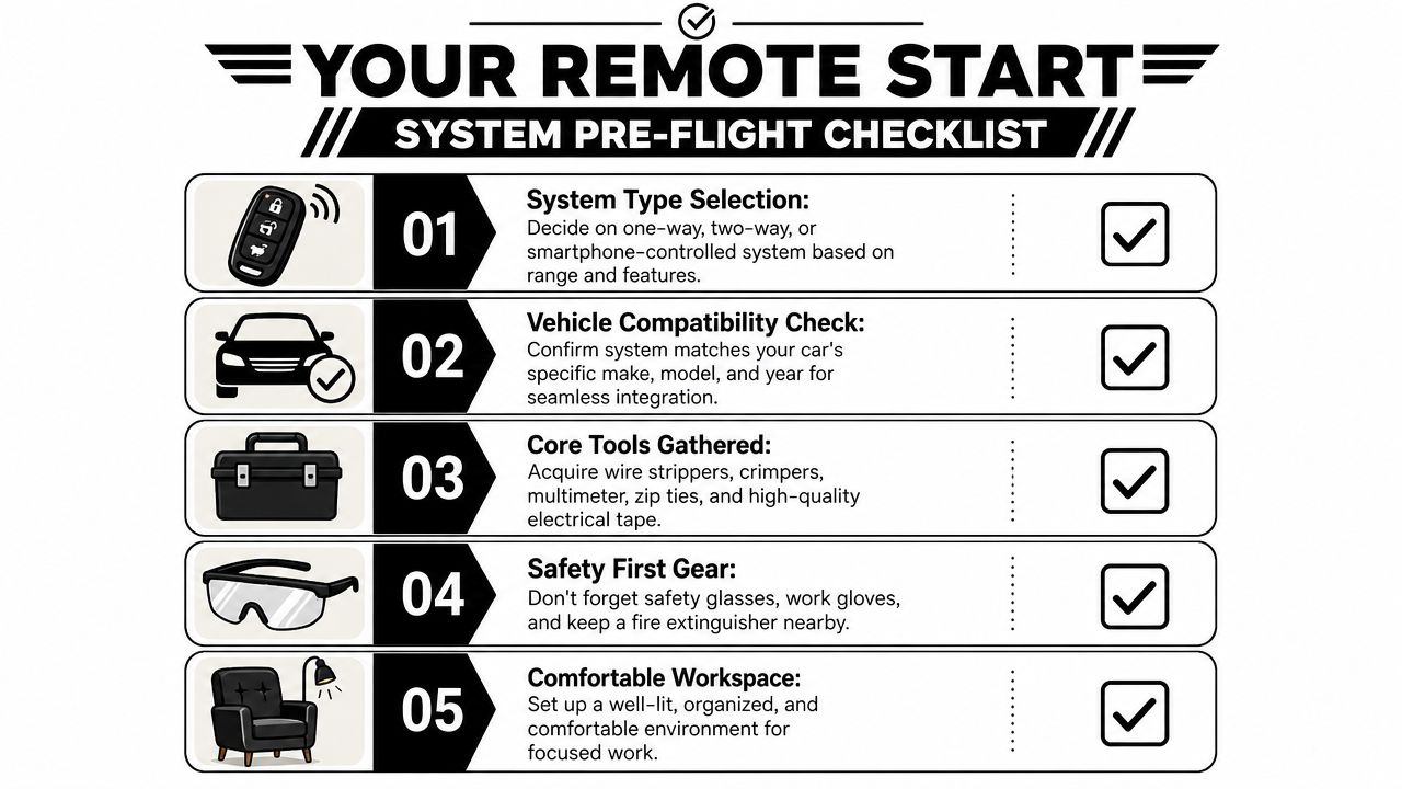 How to Install Remote Start on Car: Your DIY Guide 1 A pre-flight checklist for installing a remote start system, featuring five essential steps for vehicle preparation.