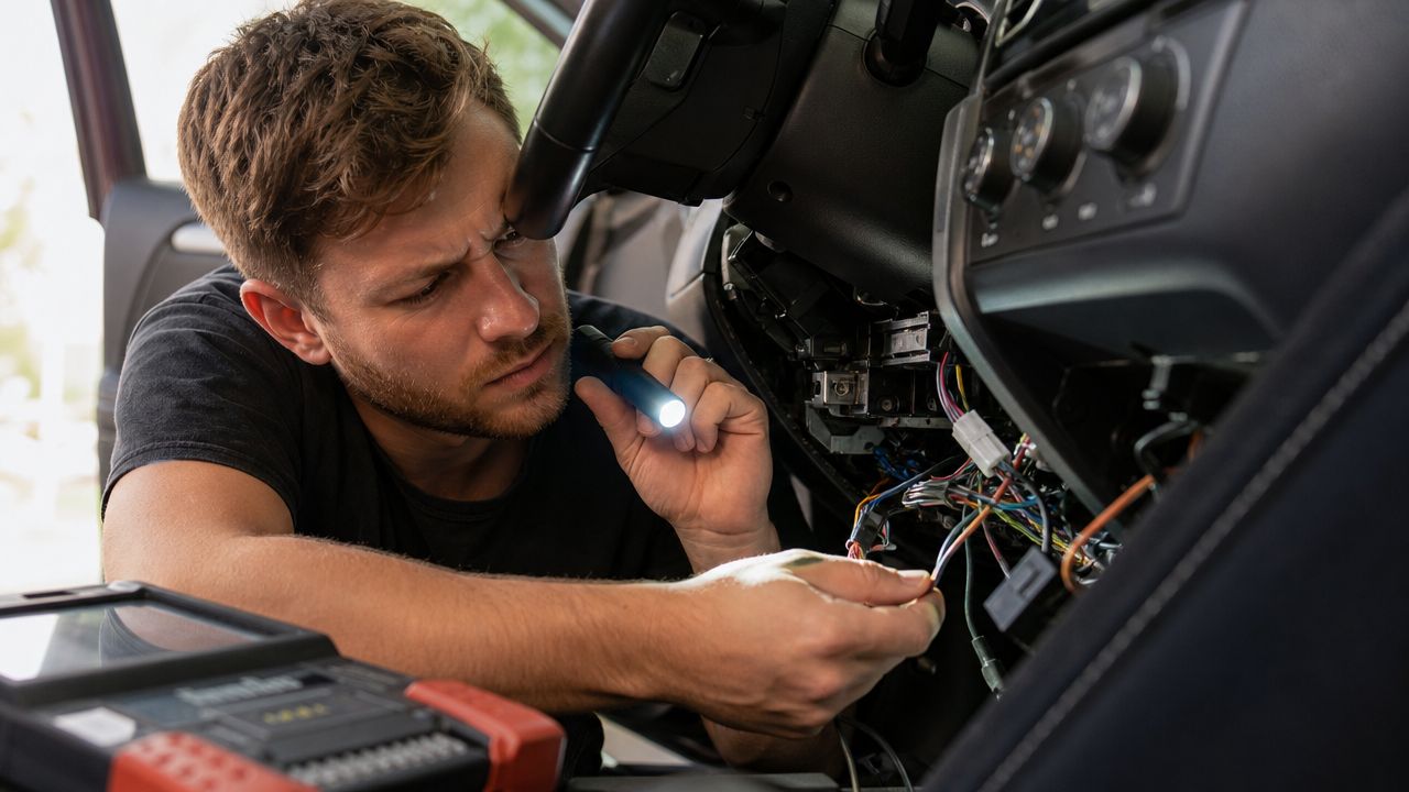 How to Install Remote Start on Car: Your DIY Guide 4 A professional mechanic uses a flashlight to inspect complex car dashboard wiring while performing a repair.