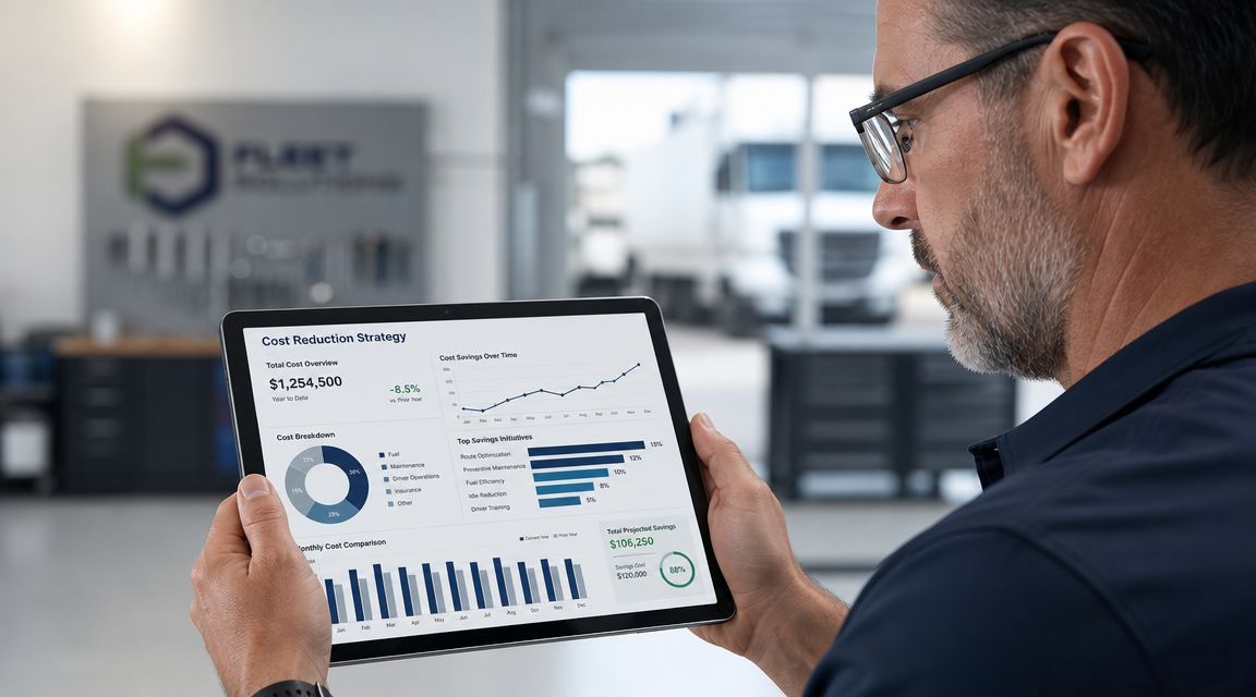 A professional manager reviews fleet maintenance cost reduction metrics on a tablet in a garage workshop.