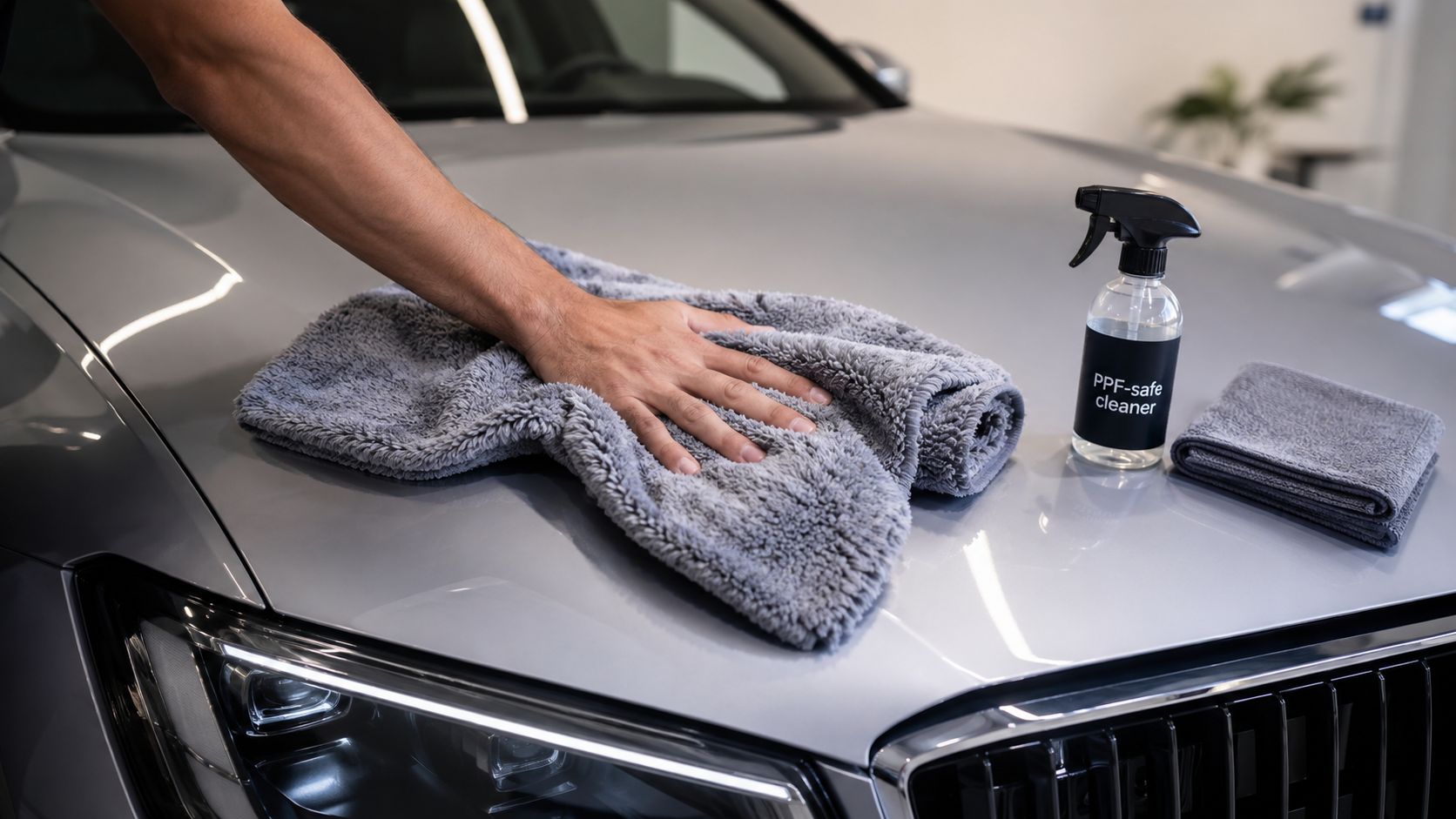 Paint Protection Film Car Wash: The Essential Guide 4 A person uses a microfiber cloth to carefully clean a silver car hood with professional cleaning solution.