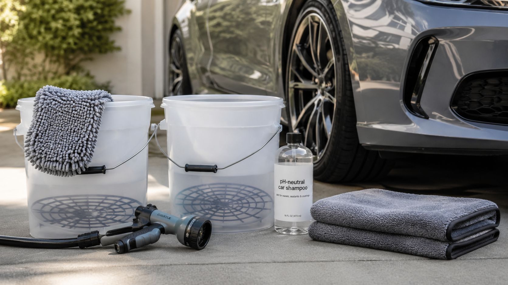 Paint Protection Film Car Wash: The Essential Guide 2 A professional car wash setup with two buckets, shampoo, microfiber towels, and a hose spray nozzle.