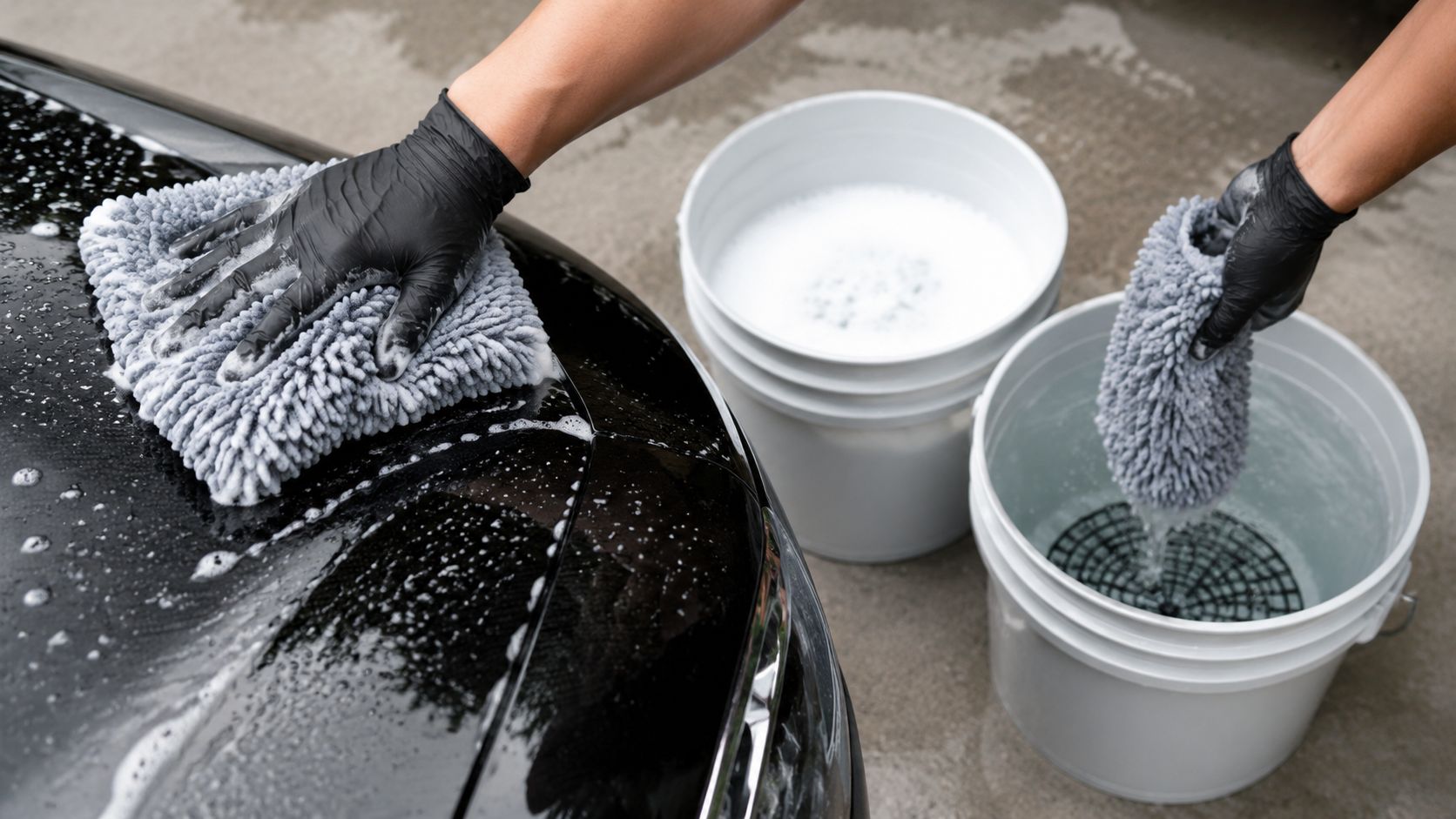 Paint Protection Film Car Wash: The Essential Guide 3 A car detailer washing a black car with a grey microfiber mitt and two white buckets