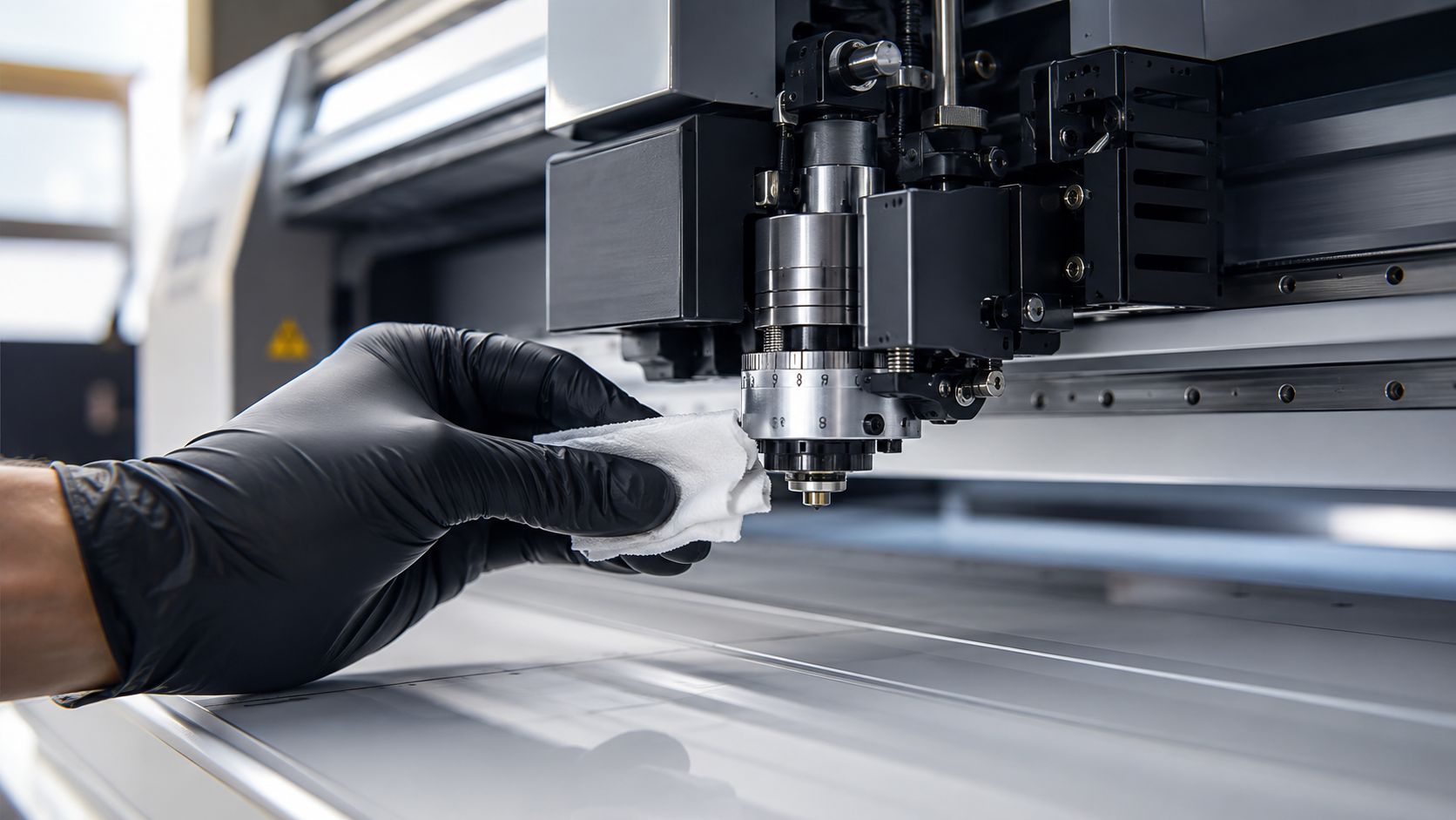 Paint Protection Film Plotter: A Pro Installer's Guide 4 A technician wearing a black glove cleans the precision nozzle of a paint protection film plotter.