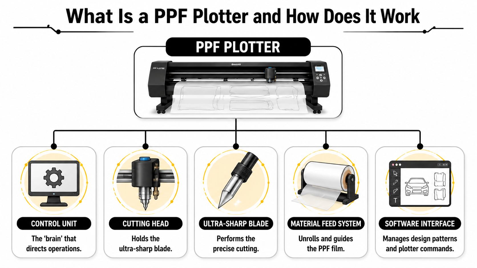 Paint Protection Film Plotter: A Pro Installer's Guide 1 An infographic detailing the components of a Paint Protection Film plotter, including control, cutting, and software systems.