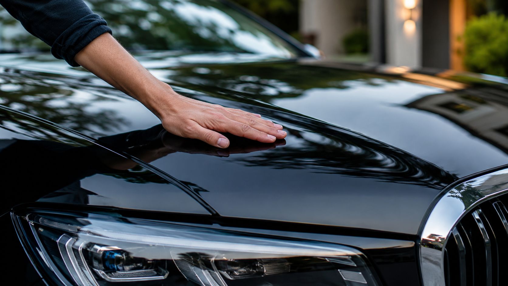 A person gently touching the smooth, shiny, and protective film applied to a black luxury car hood.