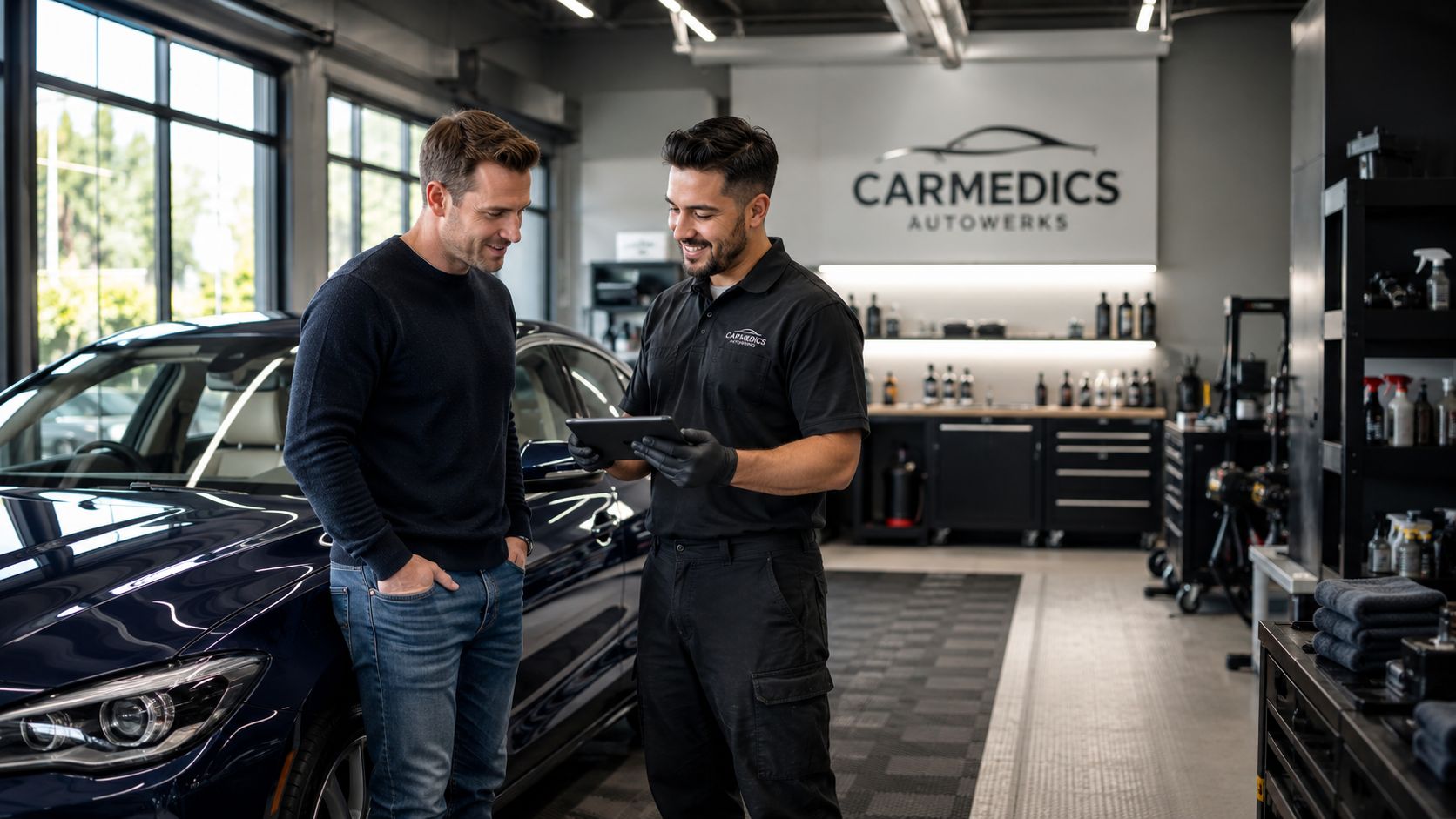A professional car technician showing vehicle service information on a tablet to a customer in a garage.