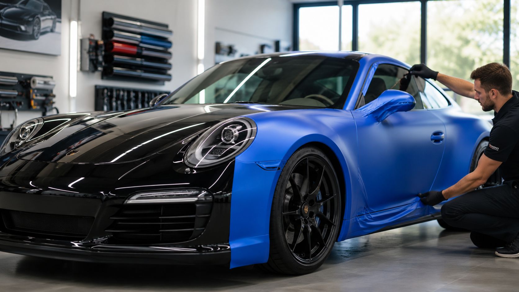 A professional technician carefully applying blue vinyl wrap to the side panel of a luxury sports car.
