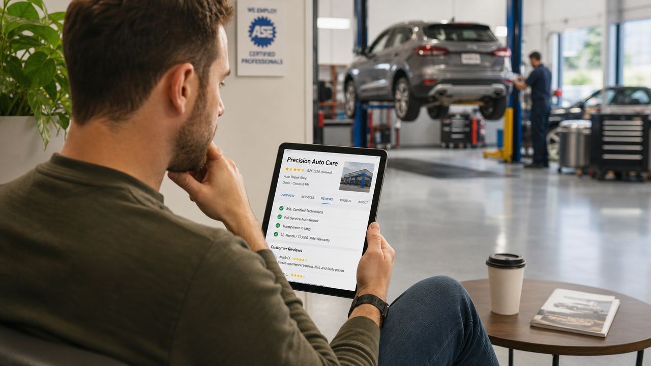 A customer sitting in a modern auto shop lobby reviewing car repair services on a digital tablet.