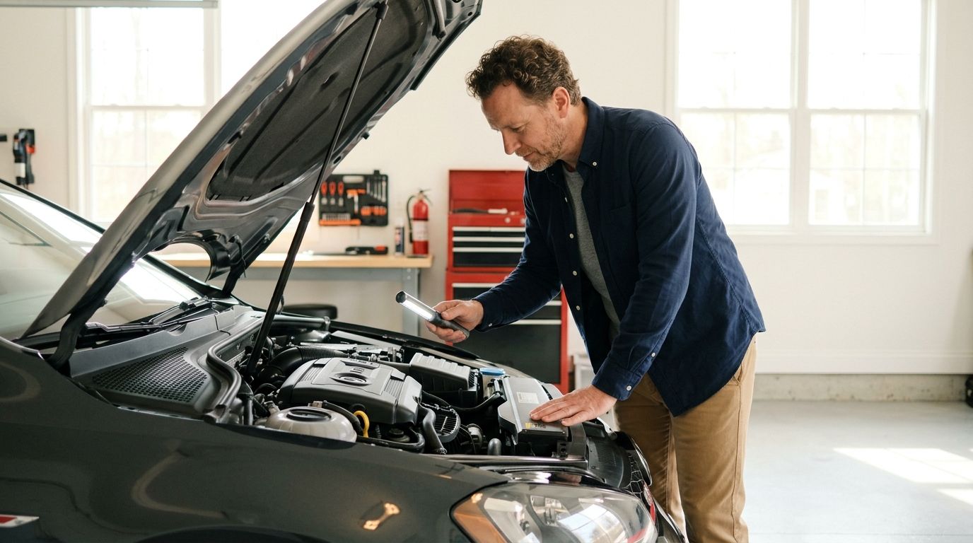 A man in a garage uses a work light to inspect the open engine bay of a car.