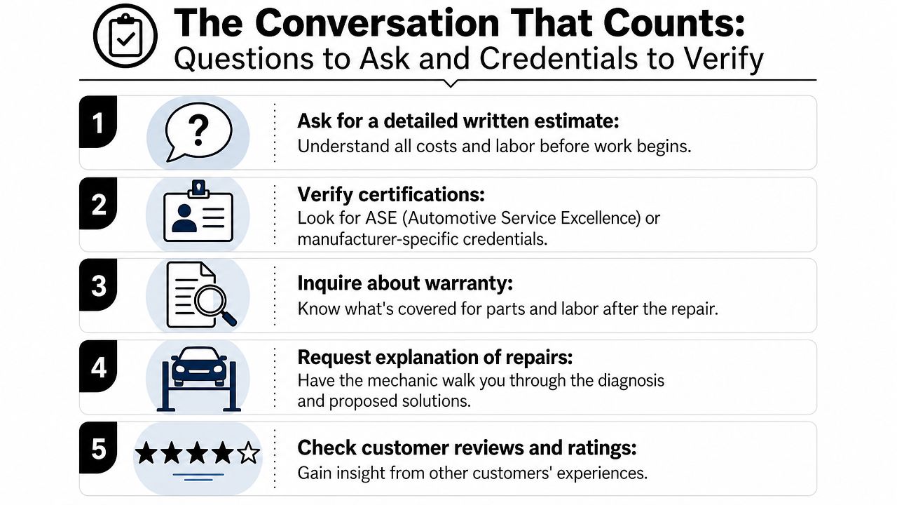 A numbered list infographic titled The Conversation That Counts, outlining five tips for choosing a car mechanic.