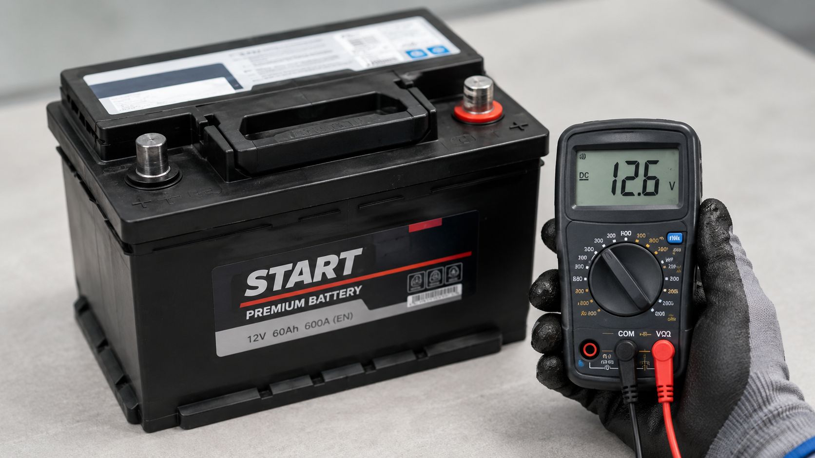A hand wearing a black work glove uses a multimeter to check the voltage of a car battery.
