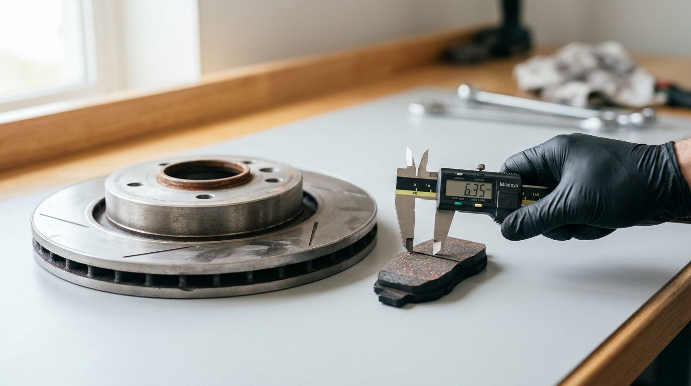A mechanic measuring the thickness of a car brake pad using digital calipers on a workbench.