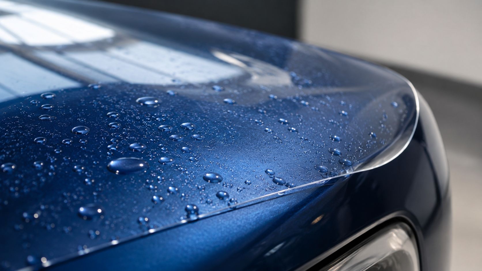 Close-up of water droplets beading on a shiny blue car hood with protective film applied.