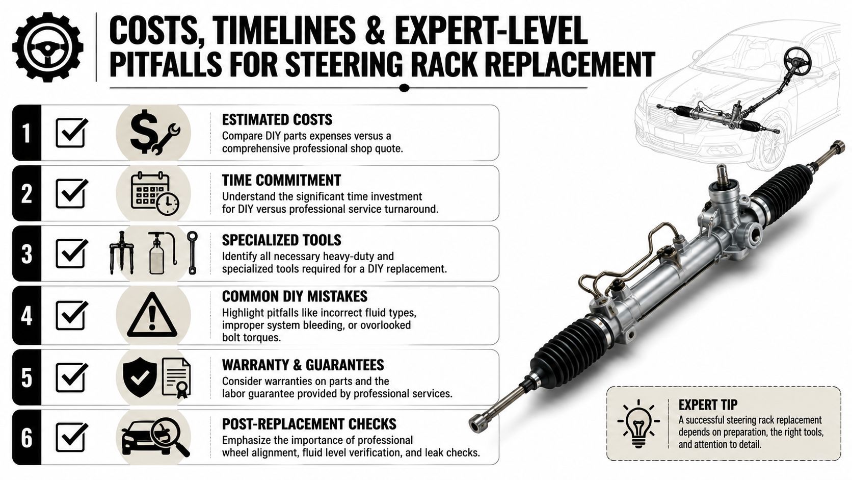 An infographic detailing six essential factors for steering rack replacement, including costs, tools, and professional checks.