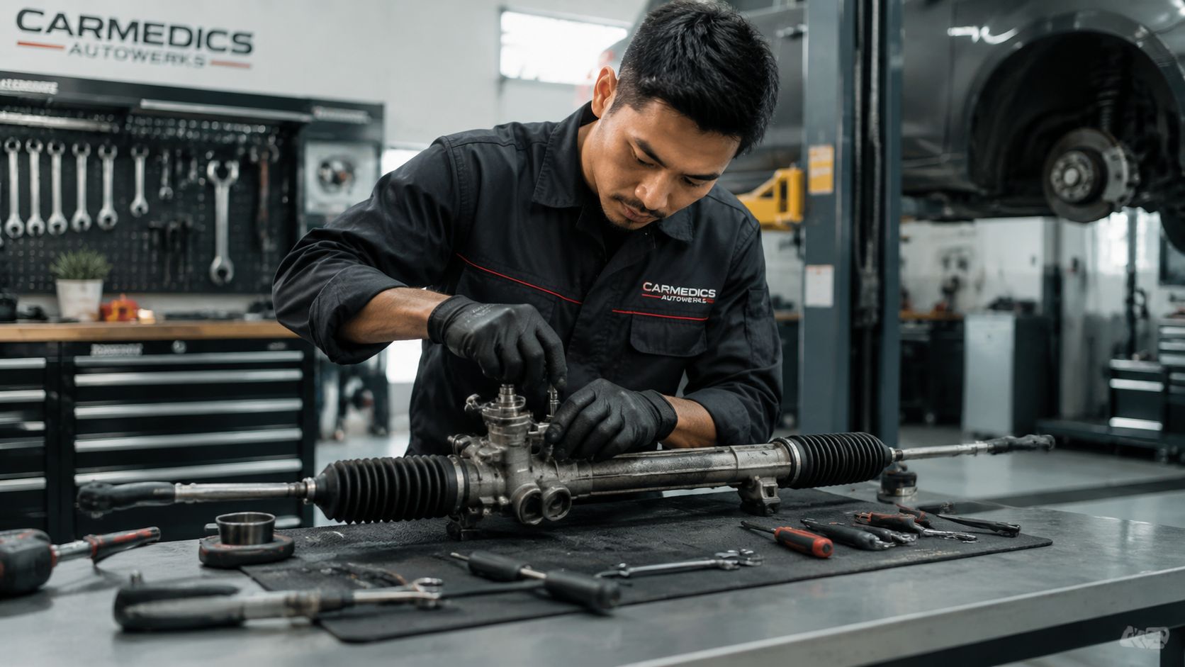 A professional automotive technician meticulously repairing a steering rack assembly on a workbench in a modern garage.