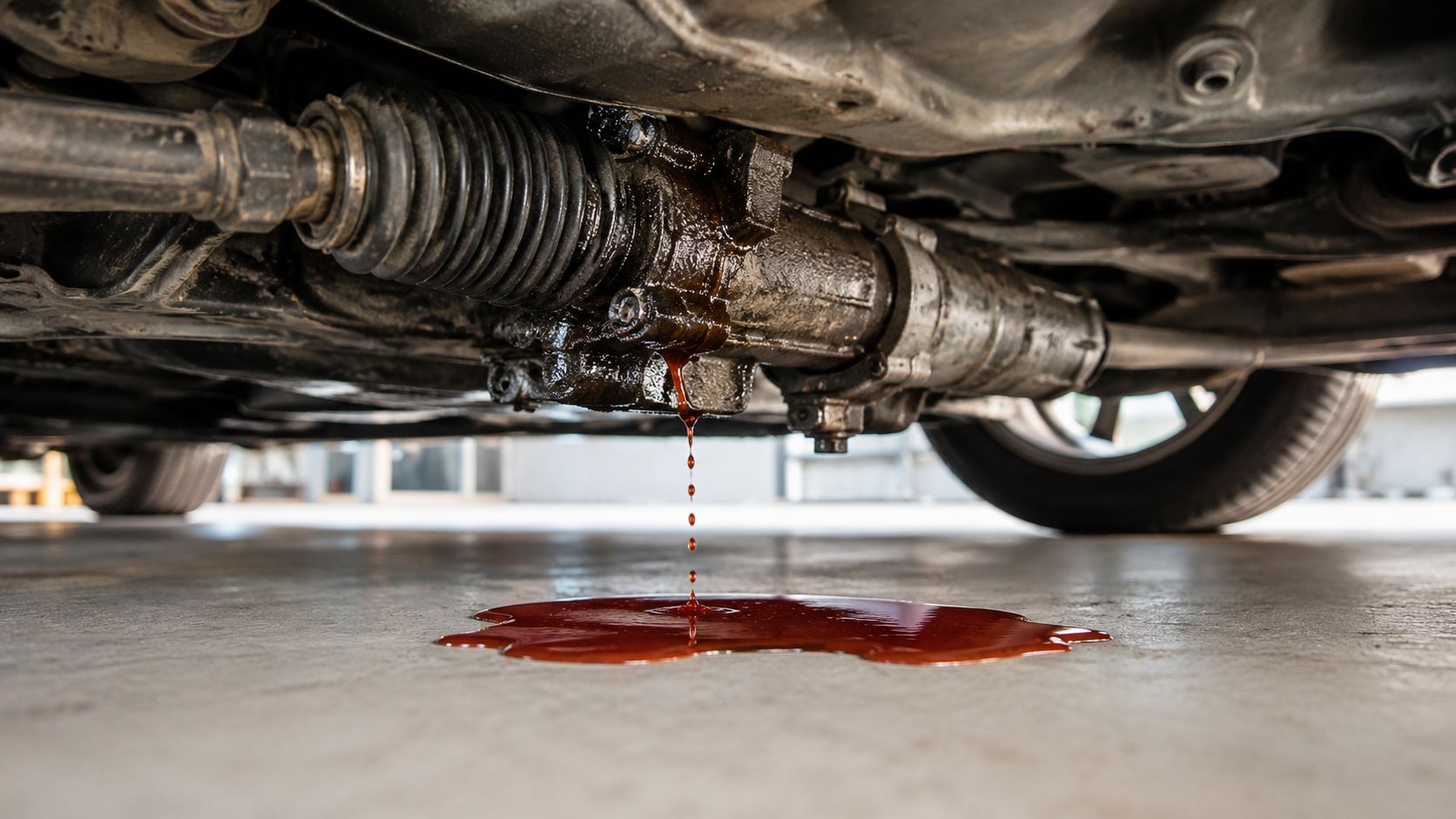 A close up view of a leaking automotive steering rack dripping red fluid onto the garage floor.