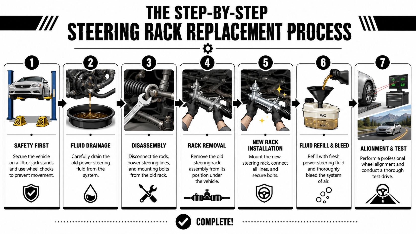 A seven-step infographic showing the professional process for performing a vehicle steering rack replacement.