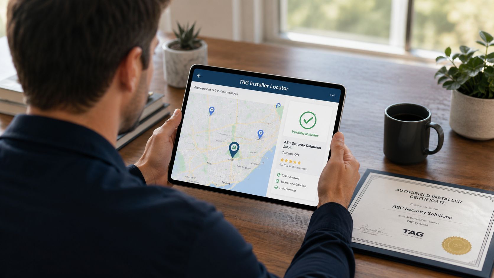 Tag Installation Near Me: Your 2026 Whitby & GTA Guide 3 A person using a tablet to find a certified security system installer on a digital map interface.